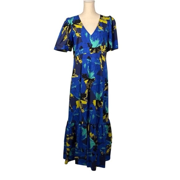 NWT Christopher John Rogers Womens Blue Floral Puff Sleeve Maxi Dress Size 14 - Picture 2 of 9